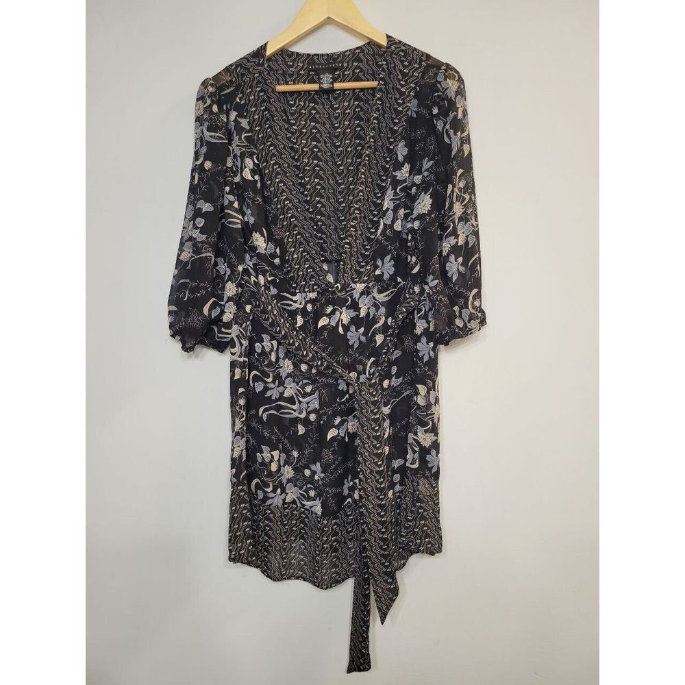 Apostrophe Sheer Low Neckline Tunic Dress with 3/4th Sleeve and Waist Tie Size L